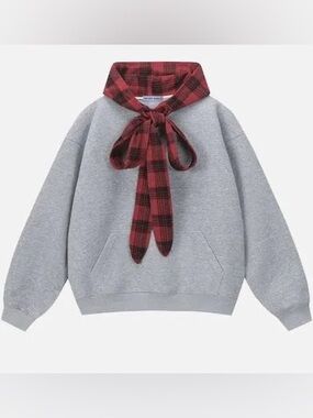 Aelfric Eden Gray Crewneck Sweatshirt with Red Plaid Hood Lining
